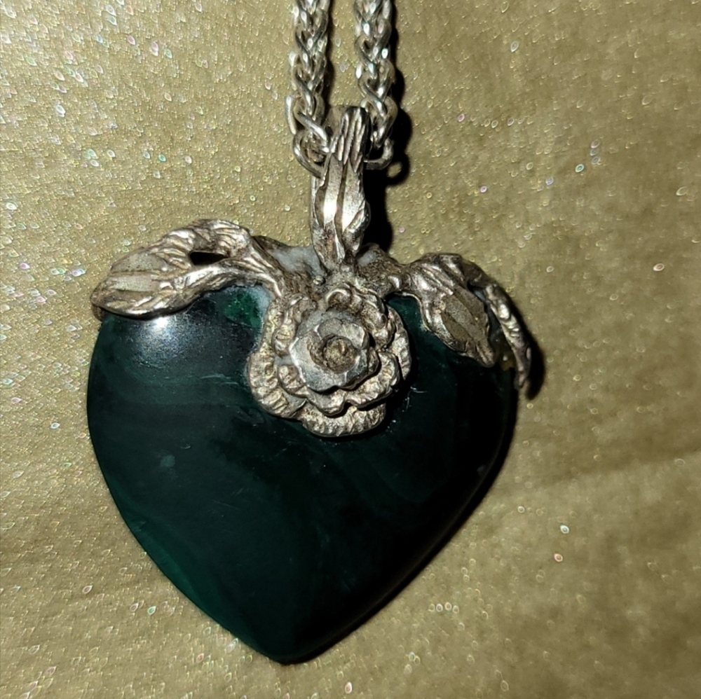 Vintage Heart Jade Necklace .925 Sterling Silver 18"
